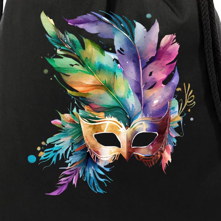 Mardi Gras Feather Mask Watercolor Drawstring Bag