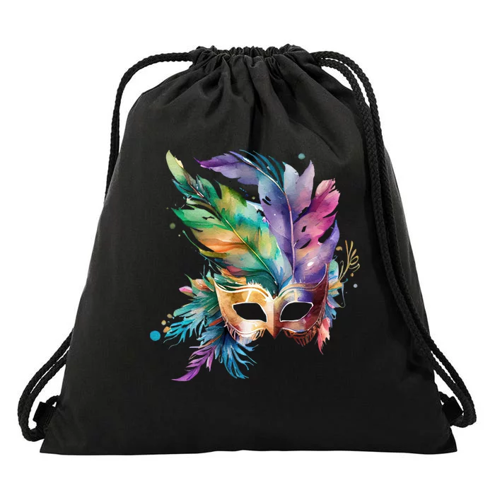 Mardi Gras Feather Mask Watercolor Drawstring Bag