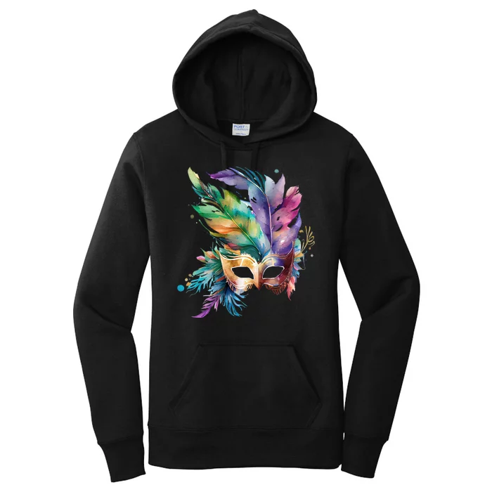 Mardi Gras Feather Mask Watercolor Women's Pullover Hoodie