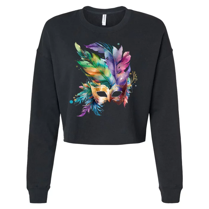 Mardi Gras Feather Mask Watercolor Cropped Pullover Crew