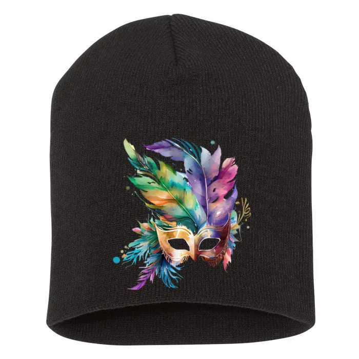 Mardi Gras Feather Mask Watercolor Short Acrylic Beanie