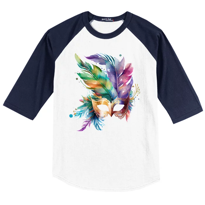 Mardi Gras Feather Mask Watercolor Baseball Sleeve Shirt