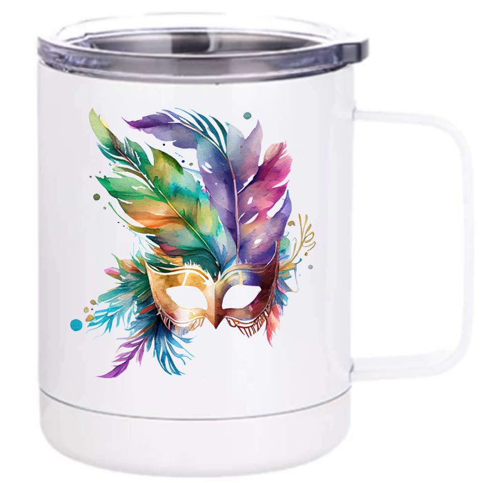 Mardi Gras Feather Mask Watercolor Front & Back 12oz Stainless Steel Tumbler Cup