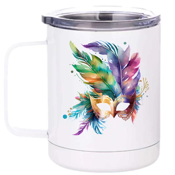 Mardi Gras Feather Mask Watercolor Front & Back 12oz Stainless Steel Tumbler Cup