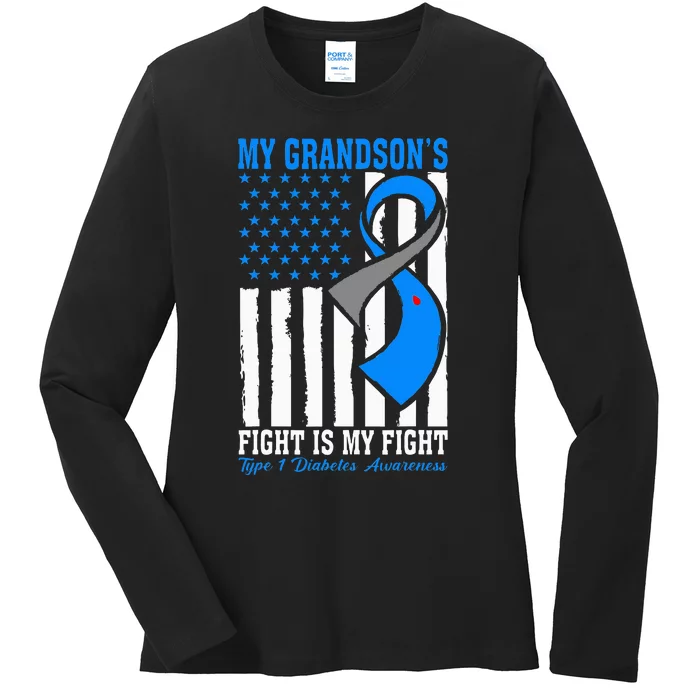 My Grandson's Fight Is My Fight T1D Awareness US Flag Ladies Long Sleeve Shirt