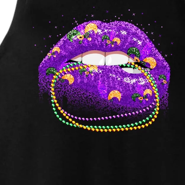 Mardi Gras Glitter Lips And Beads Ladies Tri-Blend Wicking Tank