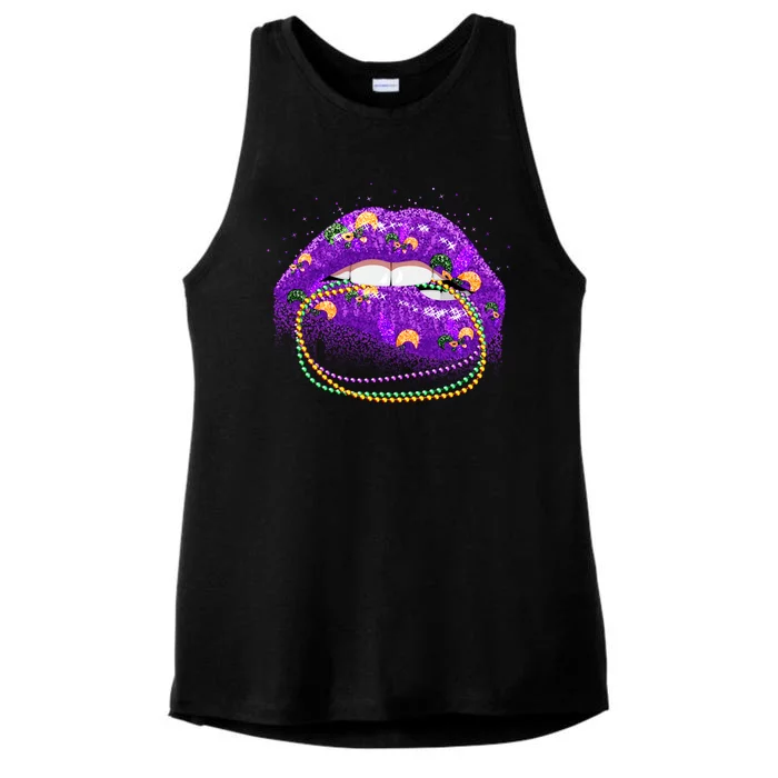 Mardi Gras Glitter Lips And Beads Ladies Tri-Blend Wicking Tank