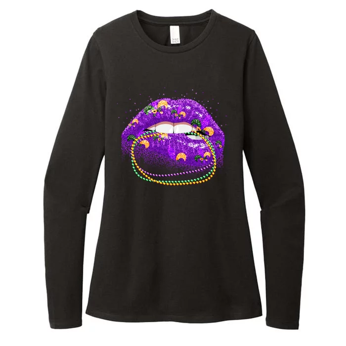 Mardi Gras Glitter Lips And Beads Womens CVC Long Sleeve Shirt