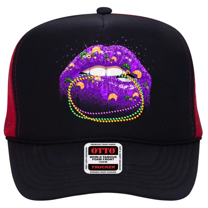 Mardi Gras Glitter Lips And Beads High Crown Mesh Trucker Hat