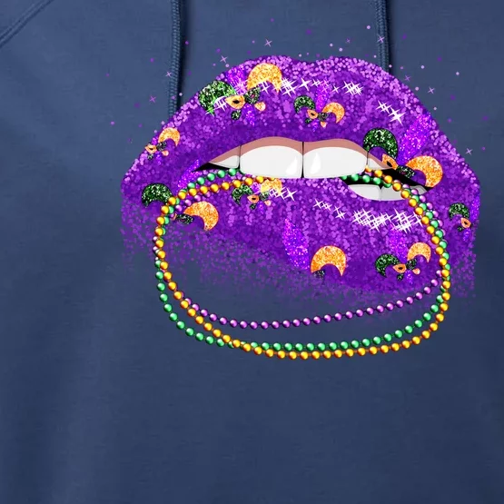 Mardi Gras Glitter Lips And Beads Performance Fleece Hoodie