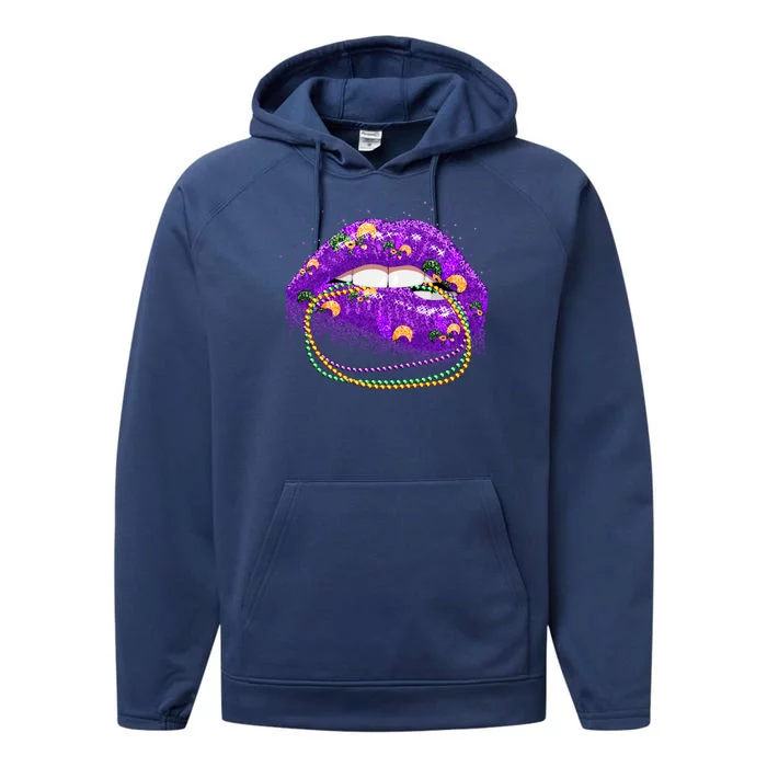 Mardi Gras Glitter Lips And Beads Performance Fleece Hoodie