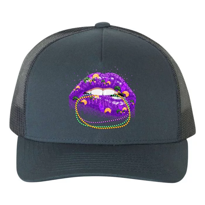 Mardi Gras Glitter Lips And Beads Yupoong Adult 5-Panel Trucker Hat