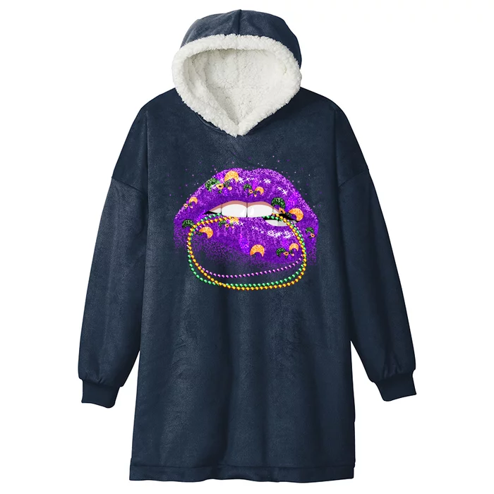 Mardi Gras Glitter Lips And Beads Hooded Wearable Blanket