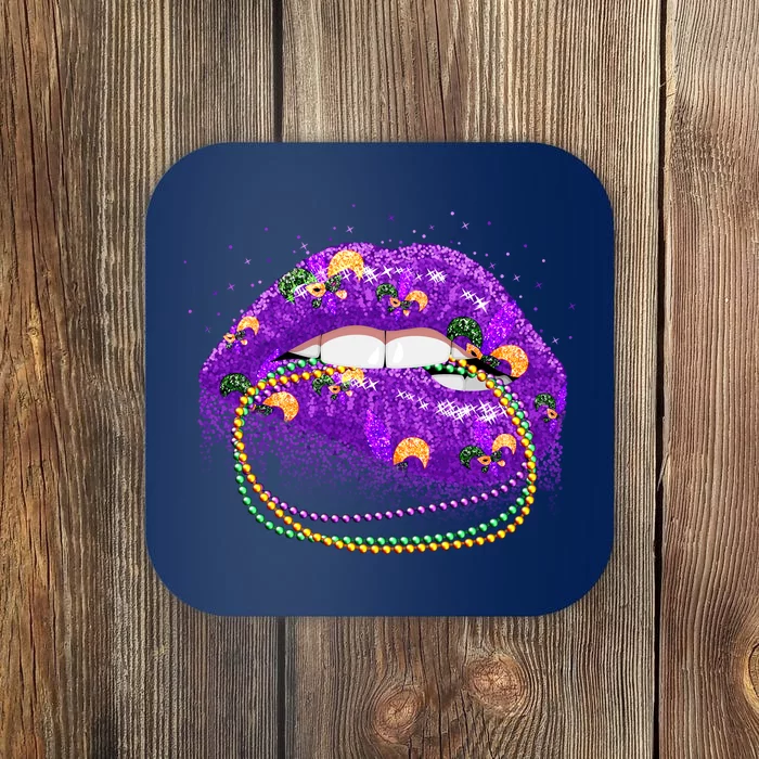 Mardi Gras Glitter Lips And Beads Coaster