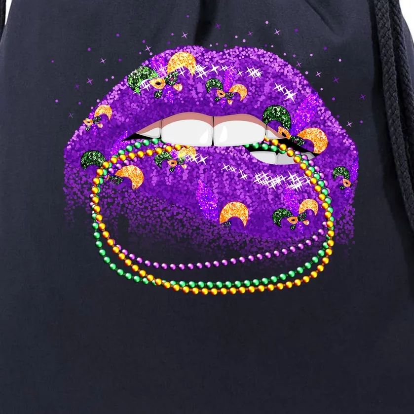 Mardi Gras Glitter Lips And Beads Drawstring Bag