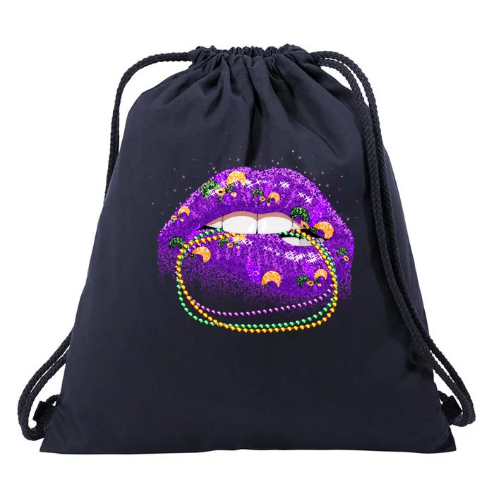 Mardi Gras Glitter Lips And Beads Drawstring Bag