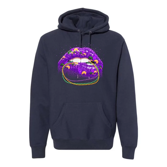 Mardi Gras Glitter Lips And Beads Premium Hoodie