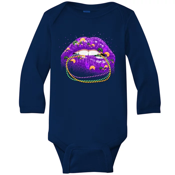 Mardi Gras Glitter Lips And Beads Baby Long Sleeve Bodysuit