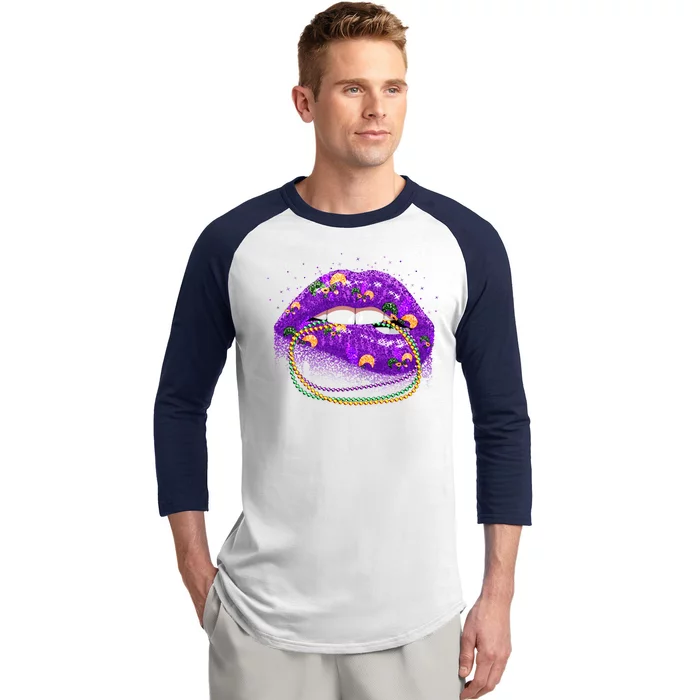 Mardi Gras Glitter Lips And Beads Baseball Sleeve Shirt