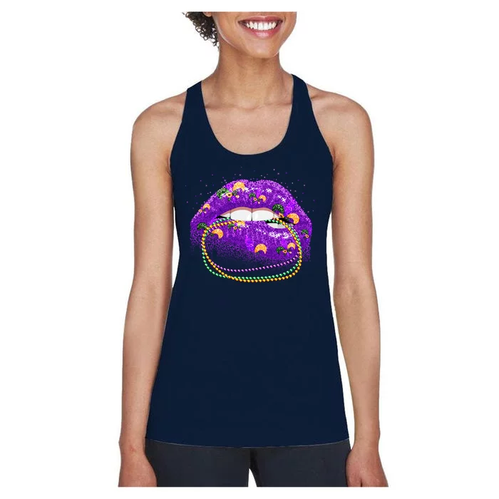 Mardi Gras Glitter Lips And Beads Women's Racerback Tank