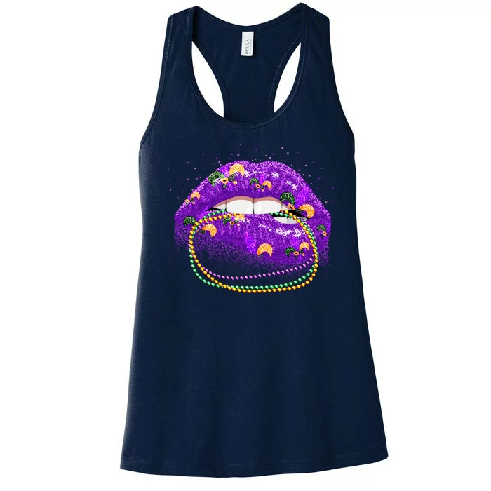 Mardi Gras Glitter Lips And Beads Women's Racerback Tank