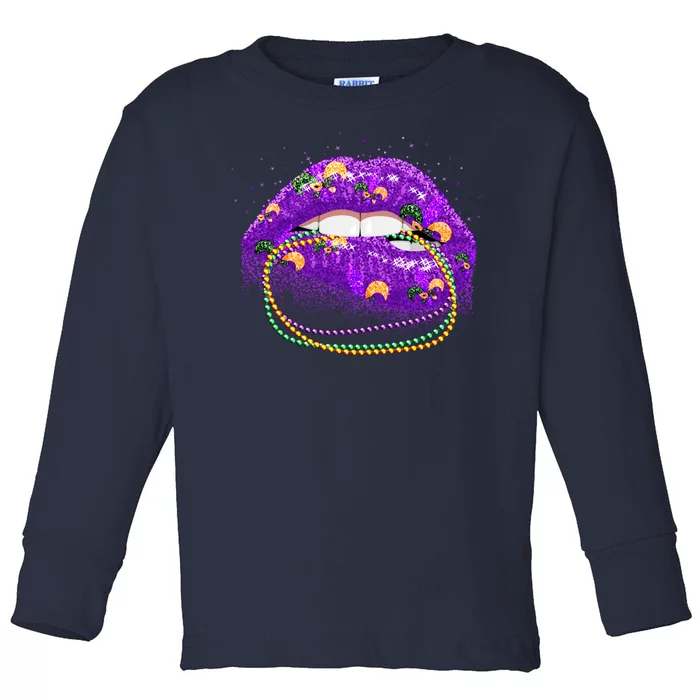 Mardi Gras Glitter Lips And Beads Toddler Long Sleeve Shirt