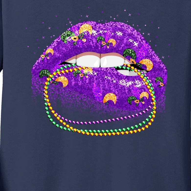 Mardi Gras Glitter Lips And Beads Kids Long Sleeve Shirt