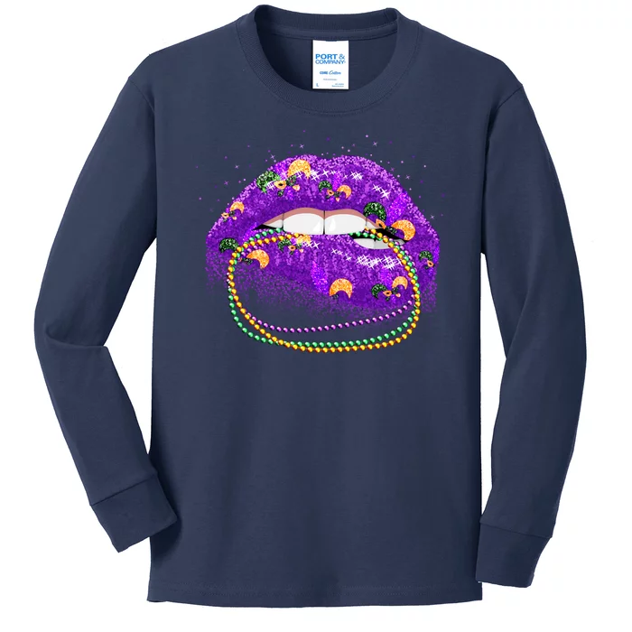 Mardi Gras Glitter Lips And Beads Kids Long Sleeve Shirt