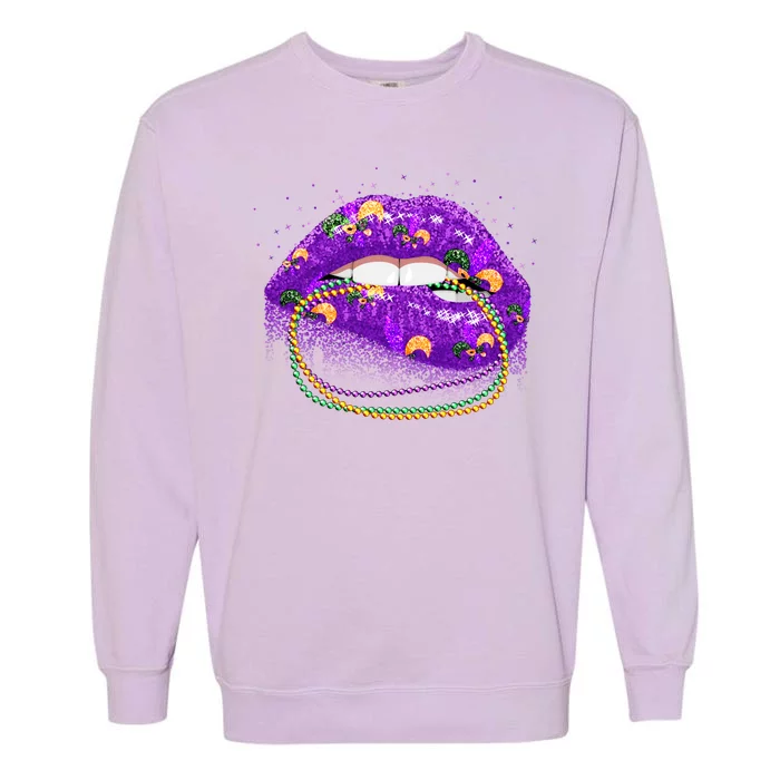 Mardi Gras Glitter Lips And Beads Garment-Dyed Sweatshirt