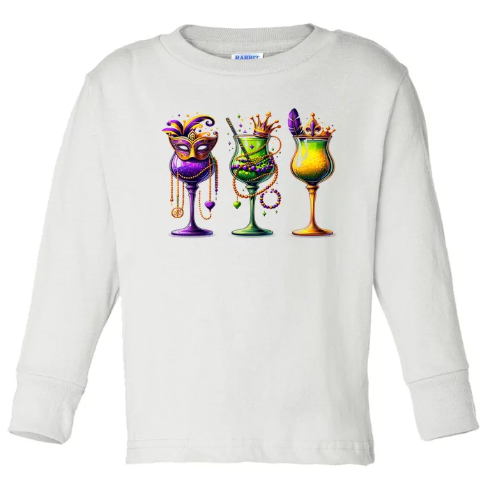 Mardi Gras Glass Of Wine Funny Drinking Wine Festival Parade Toddler Long Sleeve Shirt