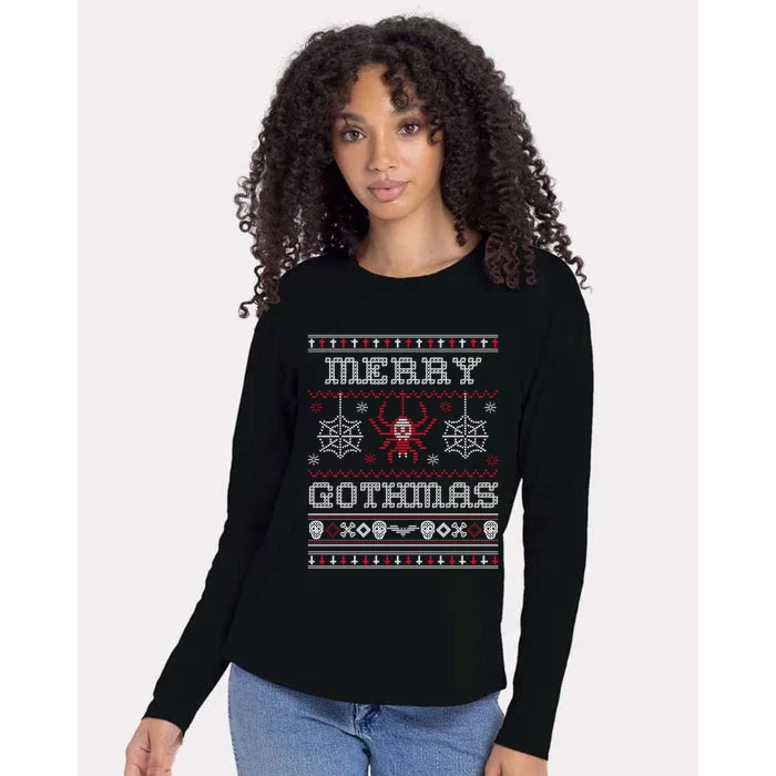 Merry Gothmas Goth Christmas Ugly Sweater Spider Skulls Bat Womens Cotton Relaxed Long Sleeve T-Shirt