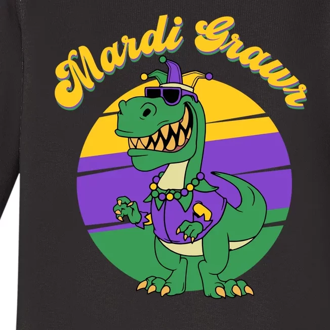 Mardi Gras Grawr T Rex Dinosaur Mardi Gras Baby Long Sleeve Bodysuit