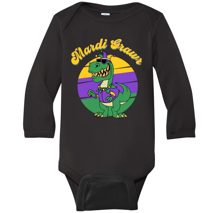 Mardi Gras Grawr T Rex Dinosaur Mardi Gras Baby Long Sleeve Bodysuit