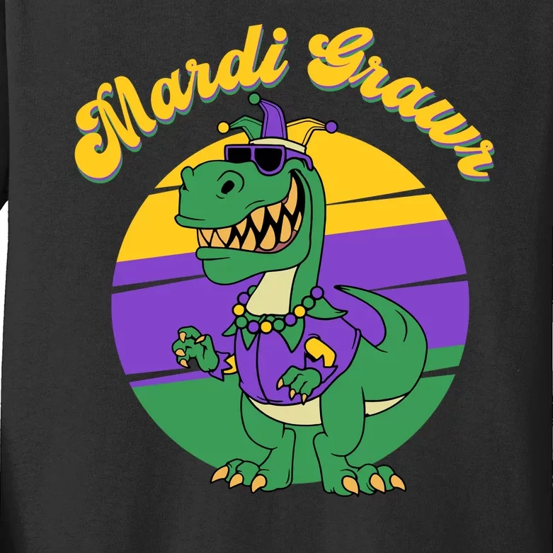 Mardi Gras Grawr T Rex Dinosaur Mardi Gras Kids Long Sleeve Shirt