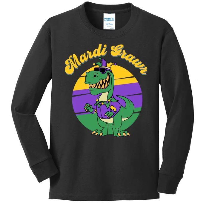 Mardi Gras Grawr T Rex Dinosaur Mardi Gras Kids Long Sleeve Shirt