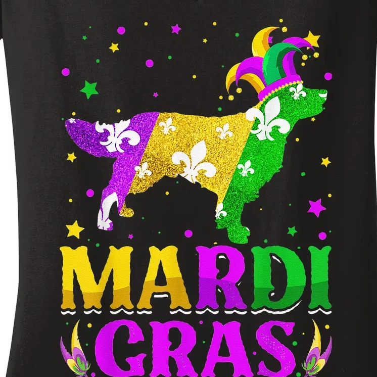 Mardi Gras Golden Retriever Dog Lover Carnival Jester Women's V-Neck T-Shirt