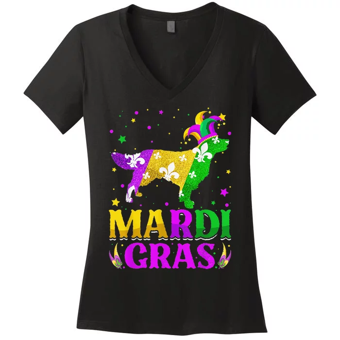 Mardi Gras Golden Retriever Dog Lover Carnival Jester Women's V-Neck T-Shirt