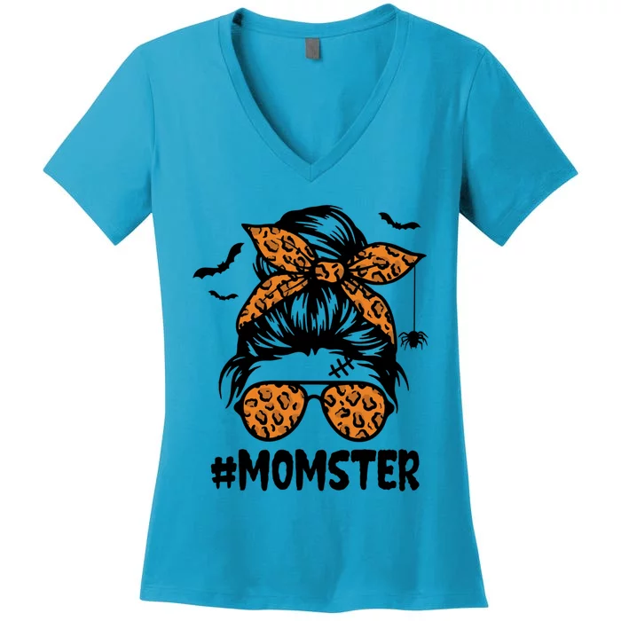 Momster Gift Halloween Mom Messy Bun Leopard Gift Women's V-Neck T-Shirt