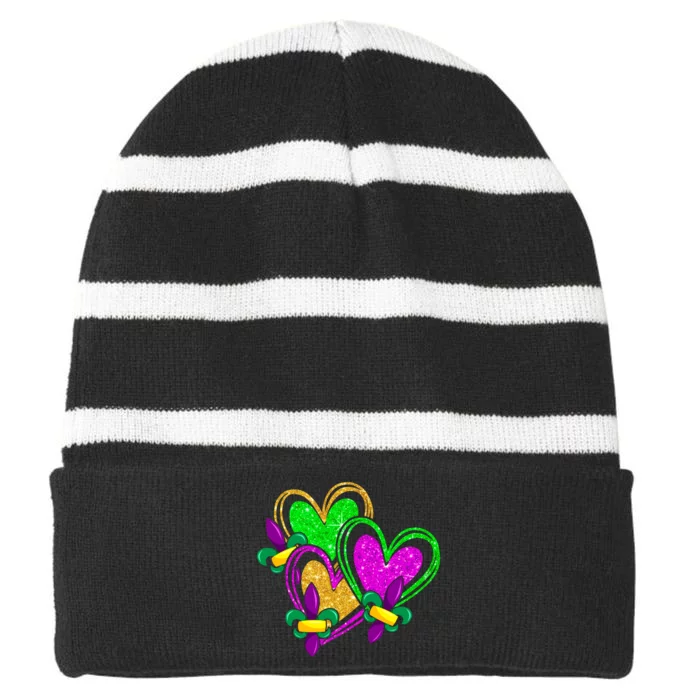 Mardi Gras Heart Glitter Print Fleurdelis Symbol Funny Striped Beanie with Solid Band