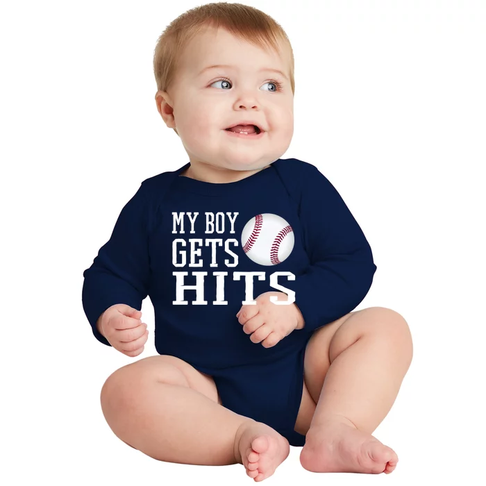 My Gets Hits Proud Baseball Dad Proud Baseball Mom Cute Gift Baby Long Sleeve Bodysuit