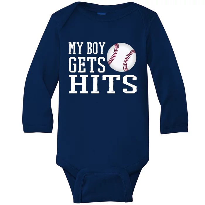 My Gets Hits Proud Baseball Dad Proud Baseball Mom Cute Gift Baby Long Sleeve Bodysuit