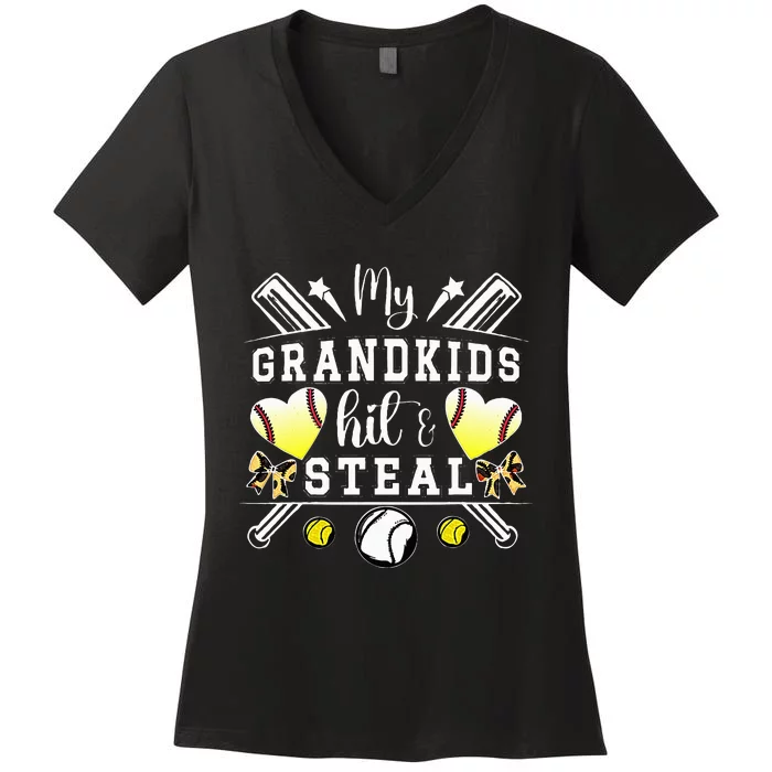 My Grandkids Hit & Steal Baseball Softball Grandma Women's V-Neck T-Shirt