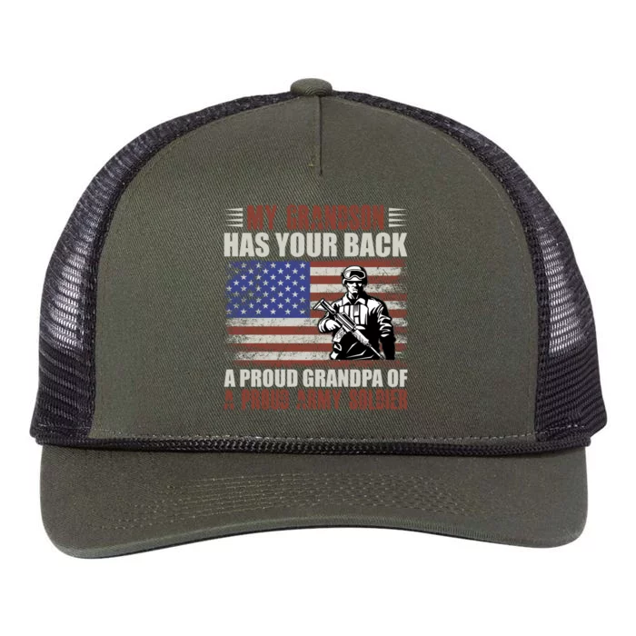 My Grandson Has Your Back, Proud Grandpa Of A Army Soldier Retro Rope Trucker Hat Cap