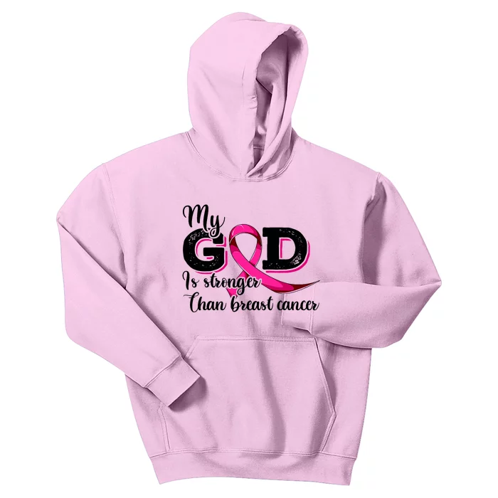 My God Is Stronger Than Funny Ribbon Pink Breast Cancer Kids Hoodie