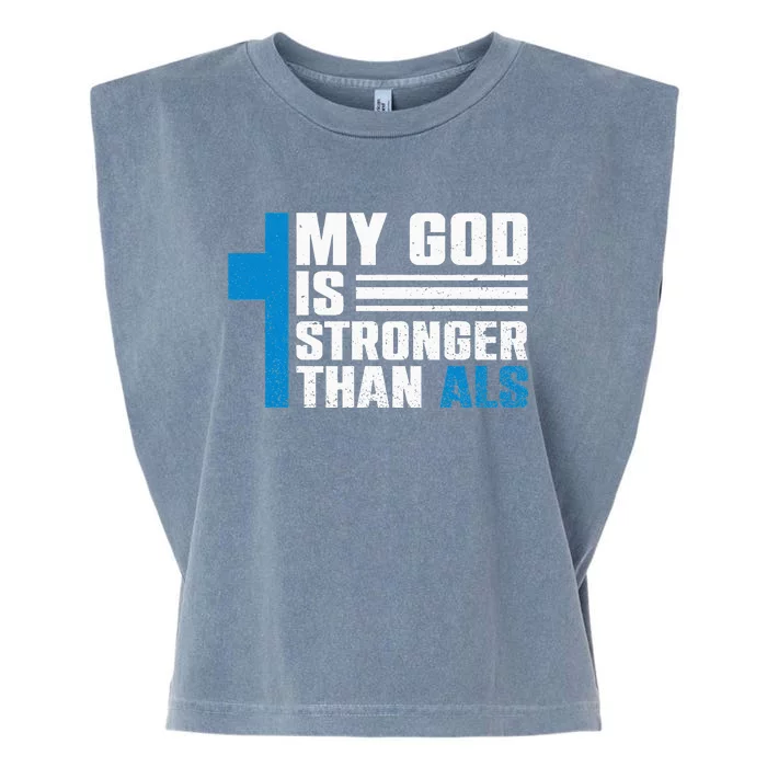 My God Is Stronger Than ALS - ALS Awareness Month Ribbon Garment-Dyed Women's Muscle Tee