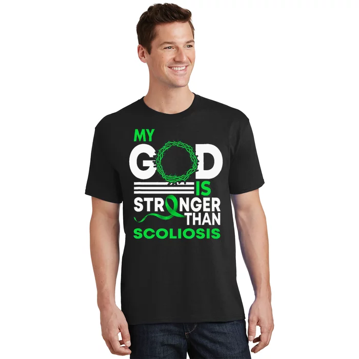 My God Is Stronger Than Scoliosis Awareness Ribbon T-Shirt