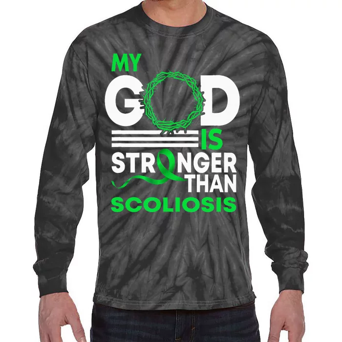 My God Is Stronger Than Scoliosis Awareness Ribbon Tie-Dye Long Sleeve Shirt