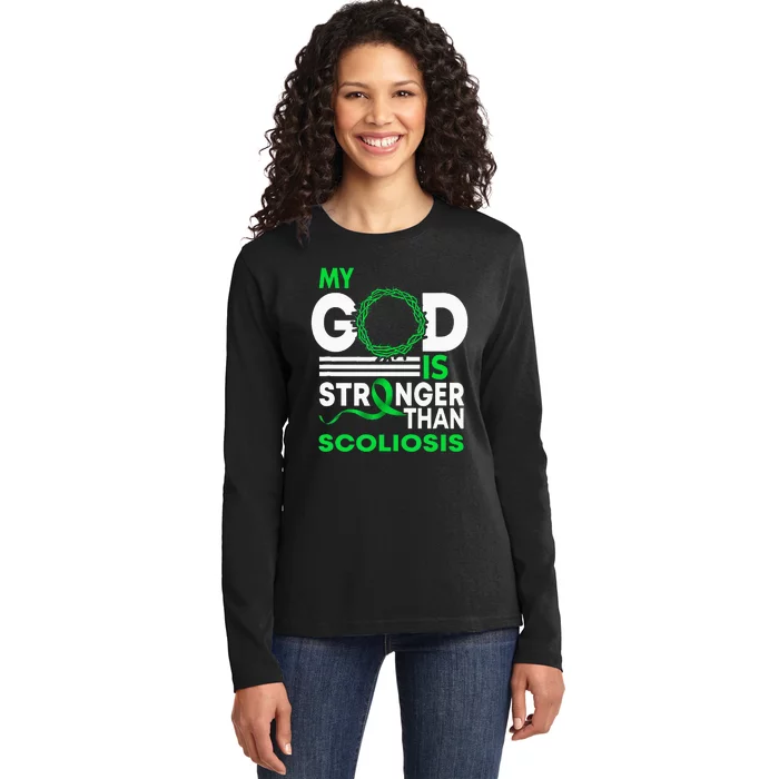 My God Is Stronger Than Scoliosis Awareness Ribbon Ladies Long Sleeve Shirt