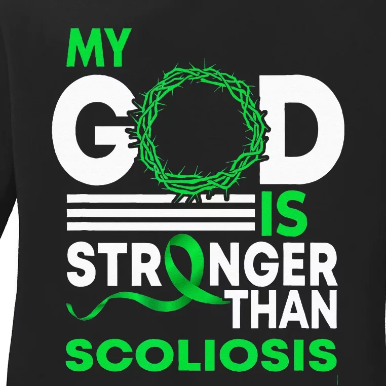 My God Is Stronger Than Scoliosis Awareness Ribbon Ladies Long Sleeve Shirt