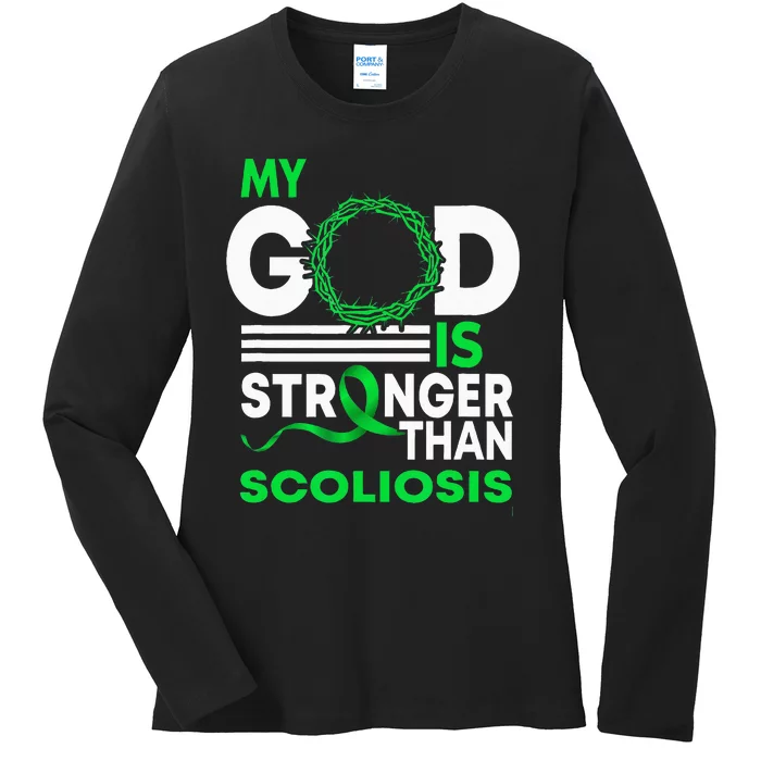 My God Is Stronger Than Scoliosis Awareness Ribbon Ladies Long Sleeve Shirt